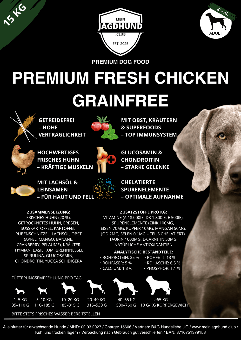 Premium Hundefutter mit frischem Huhn – getreidefrei, nährstoffreich, geeignet für aktive Jagd- & Familienhunde. Natürliche Zutaten wie Süßkartoffel, Kräuter & Superfoods. Hochwertige Proteinquelle für Muskelaufbau, Fellglanz & gesunde Verdauung – perfekt für sensible Hunde.
