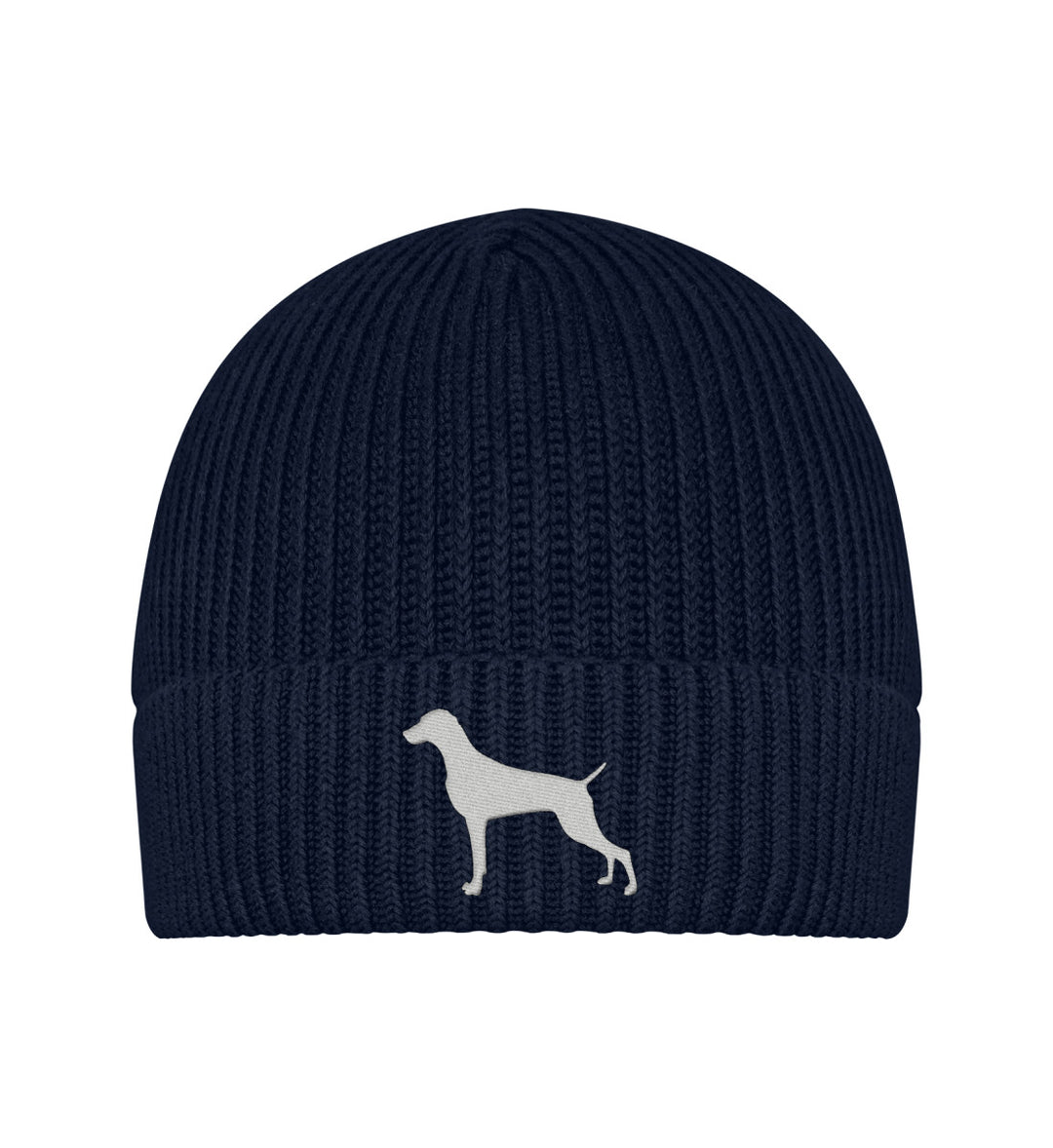 French Navy-6959-Weimaraner, AUDEN, Bio Strickmütze, Jagdmütze, Wintermütze, Mütze mit Stick, Hundemensch, Jagdhund, Jagdmode, FairWear, Mein Jagdhund Club, Outdoor Accessoire, Made in Germany, Hundeführer, Geschenkidee
