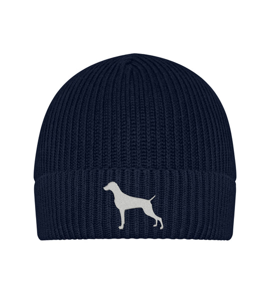 French Navy-6959-Weimaraner, AUDEN, Bio Strickmütze, Jagdmütze, Wintermütze, Mütze mit Stick, Hundemensch, Jagdhund, Jagdmode, FairWear, Mein Jagdhund Club, Outdoor Accessoire, Made in Germany, Hundeführer, Geschenkidee
