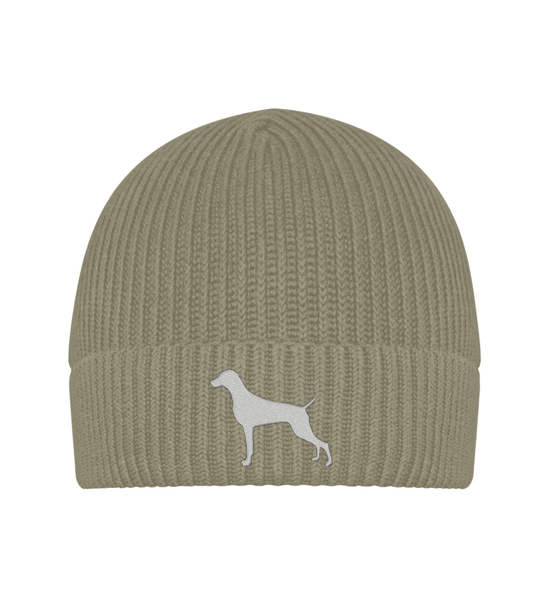 Khaki-651-Weimaraner, AUDEN, Bio Strickmütze, Jagdmütze, Wintermütze, Mütze mit Stick, Hundemensch, Jagdhund, Jagdmode, FairWear, Mein Jagdhund Club, Outdoor Accessoire, Made in Germany, Hundeführer, Geschenkidee
