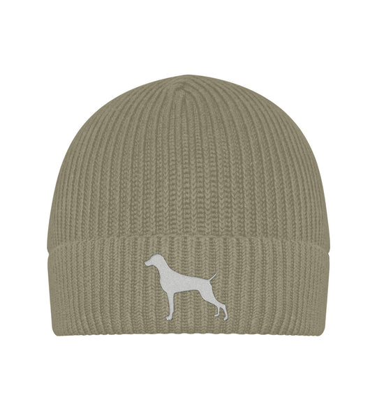 Khaki-651-Weimaraner, AUDEN, Bio Strickmütze, Jagdmütze, Wintermütze, Mütze mit Stick, Hundemensch, Jagdhund, Jagdmode, FairWear, Mein Jagdhund Club, Outdoor Accessoire, Made in Germany, Hundeführer, Geschenkidee
