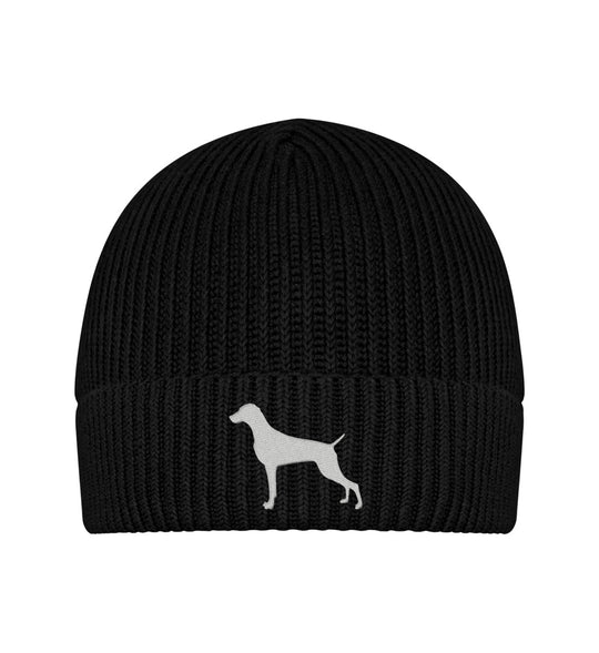 Black-16-Weimaraner, AUDEN, Bio Strickmütze, Jagdmütze, Wintermütze, Mütze mit Stick, Hundemensch, Jagdhund, Jagdmode, FairWear, Mein Jagdhund Club, Outdoor Accessoire, Made in Germany, Hundeführer, Geschenkidee
